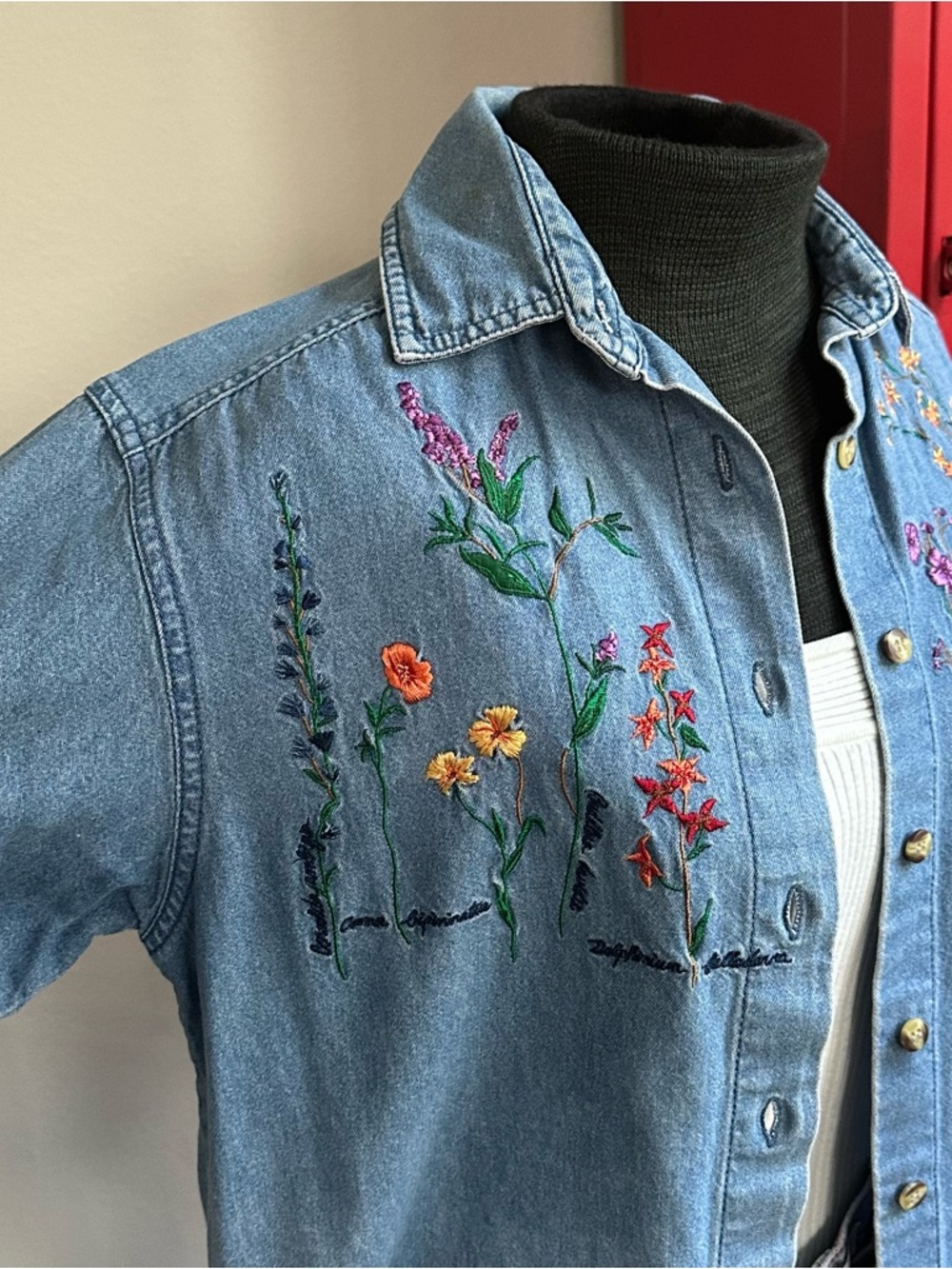 90’s Casey & Max Embroidered Light Blue Denim Button-Down Shirt
